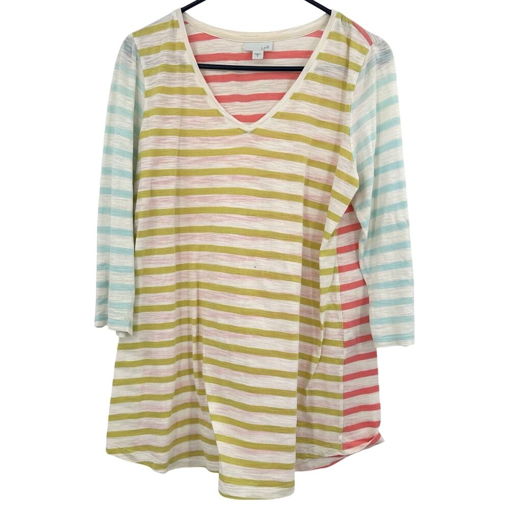 J. Jill Size Small Striped Blouse Shirt Tee Mid Length Sleeve Blue Yellow Cream